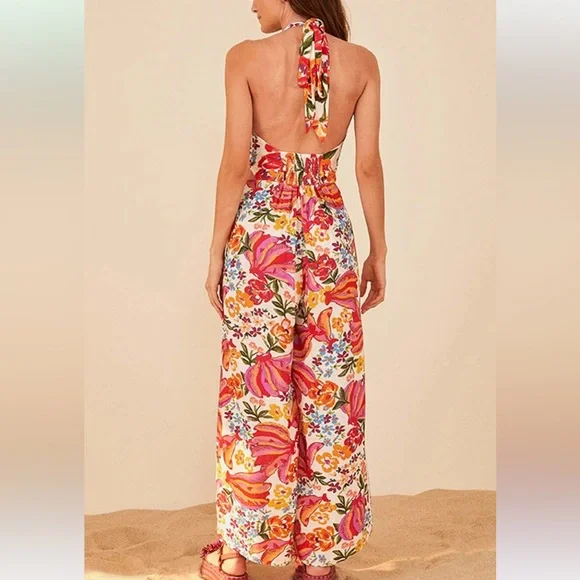 FARM Rio Floral Halter Maxi Jumpsuit in Bright Pink, Orange & Yellow - Picture 2 of 6